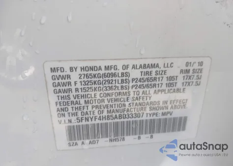 2010 Honda Pilot Touring from USA, damaged, VIN 5FNYF4H85AB033307
